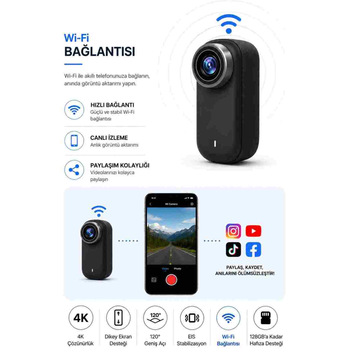 Weskam 4K Ultra HD Mini Aksiyon Kamerası | Taşınabilir, Wi-Fi, Geniş Açı Lens - Görsel 11