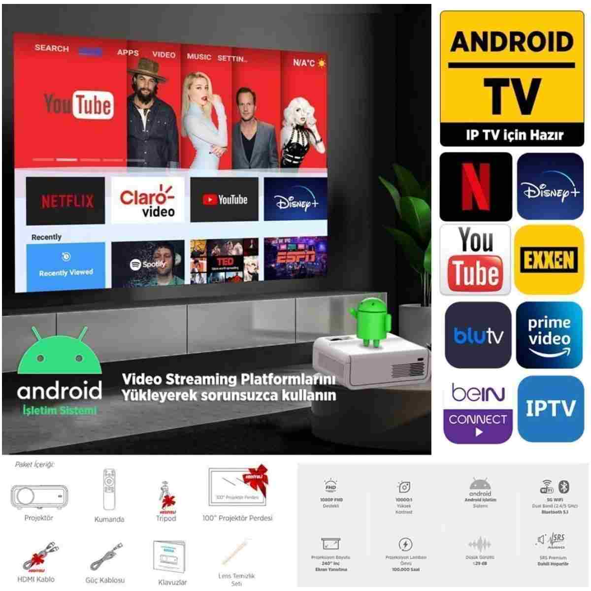 Vankyo Sunspark 500w Android Tv 1080p Destekli Projeksiyon Cihazı 5g Wi-fi 5.1 Bluetooth 240 Inç Yansıtma - Görsel 9