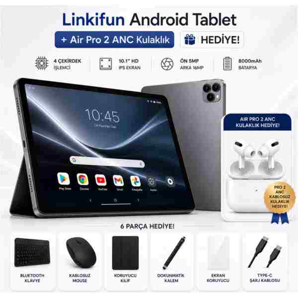 linkifun 10.1" HD IPS Android Tablet 4GB/32GB | 8000mAh Batarya | SIM Kart Destekli | Bluetooth Klavye + Kalem + Mouse Seti