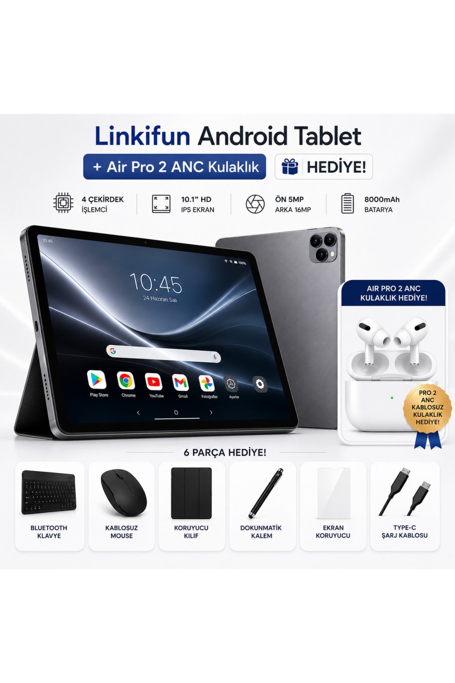 linkifun 10.1" HD IPS Android Tablet 4GB/32GB | 8000mAh Batarya | SIM Kart Destekli | Bluetooth Klavye + Kalem + Mouse Seti