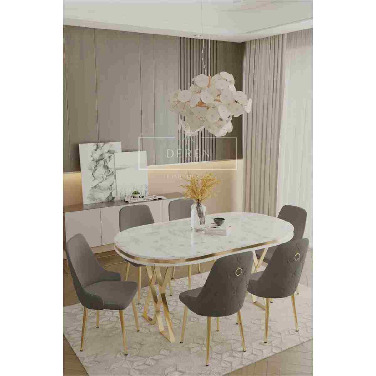 DEREN HOME Fe Serisi Lak Panel Mdf Beyaz Silinebilir Kumaş Gold Ayak Masa Takımı 6 Adet Krem Sandalye - Görsel 4