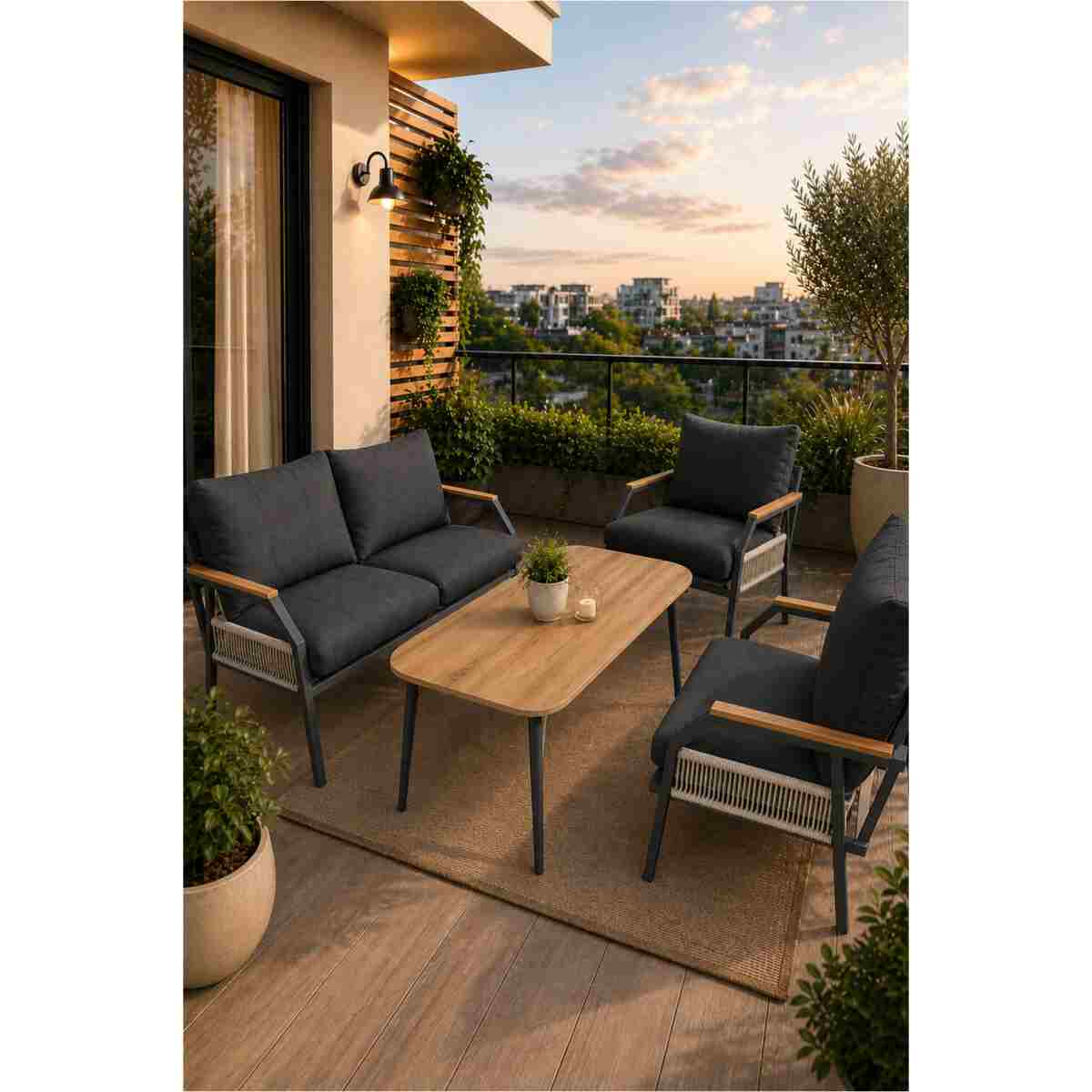 UFUK HOME Daisy Cappuccino Bej Makrome Örgülü 2+1+1 Masalı Bej Bahçe & Balkon Takımı - Görsel 5