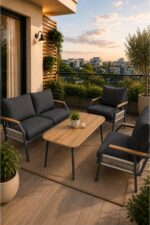 UFUK HOME Daisy Cappuccino Bej Makrome Örgülü 2+1+1 Masalı Bej Bahçe & Balkon Takımı - Görsel 5