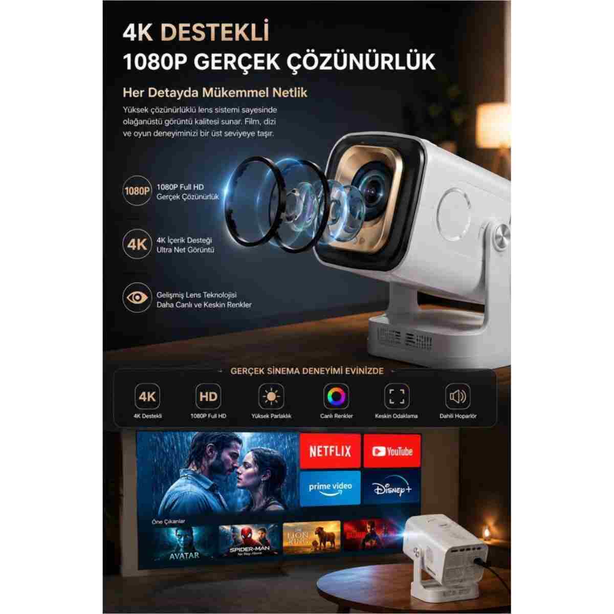 Torima Projeksiyon Cihazı Taşınabilir Ev Sineması Android Akıllı Projektör HY260 Pro Mini Beyaz - Görsel 3