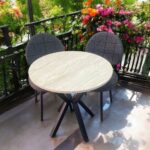 BAMBEDS MOBİLYA Bambeds Mobilya 70x70 Trevertan Yuvarlak Balkon Masa Ahtapot Ayak Armut Keten Sandalye 2 Adet