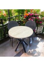 BAMBEDS MOBİLYA Bambeds Mobilya 70x70 Trevertan Yuvarlak Balkon Masa Ahtapot Ayak Armut Keten Sandalye 2 Adet