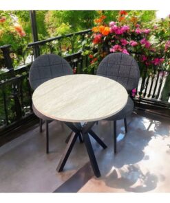 BAMBEDS MOBİLYA Bambeds Mobilya 70x70 Trevertan Yuvarlak Balkon Masa Ahtapot Ayak Armut Keten Sandalye 2 Adet