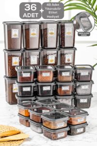 Meleni Home 36'lı Kare Bakliyat Saklama Kabı Etiketli Erzak Kabı Kahvaltılık Baharatlık 12x(300-500-1100 ml)