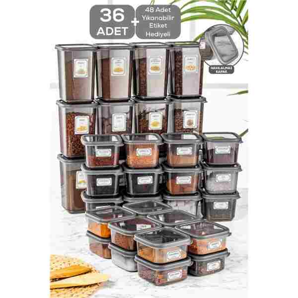 Meleni Home 36'lı Kare Bakliyat Saklama Kabı Etiketli Erzak Kabı Kahvaltılık Baharatlık 12x(300-500-1100 ml)