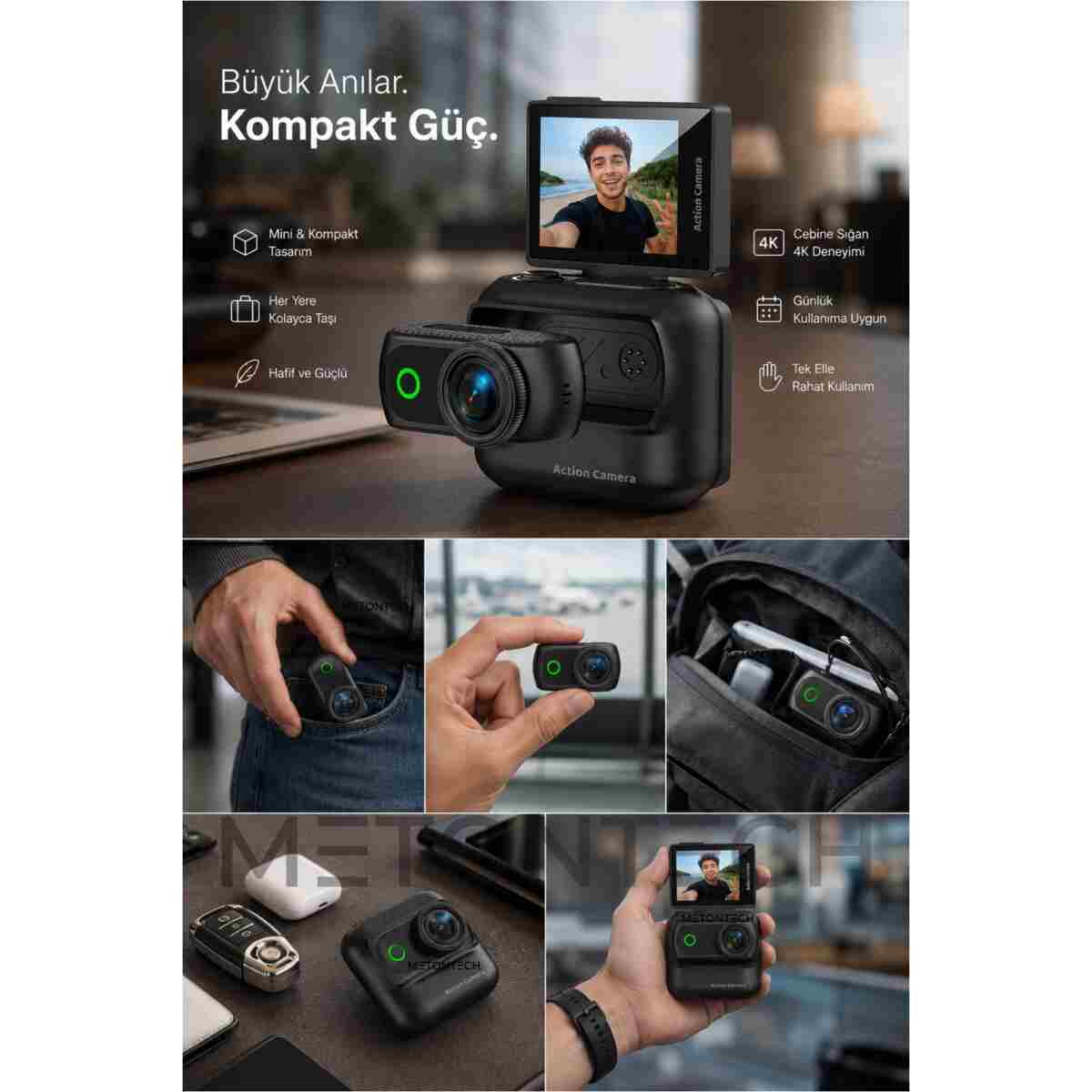 METONTECH mini 4K Aksiyon Kamerası Wi-Fi | VLOG, Açılabilir Selfie Ekranı | Manyetik Şarj Kutusu, Siyah - Görsel 5