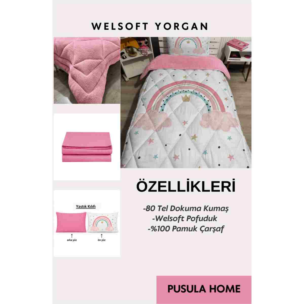 yok yok evim eve dair her şey Welsoft Pofuduk Çift Taraflı GÖKKUŞAĞI Desenli Tek Kişilik Yorgan Uyku Seti - Görsel 4