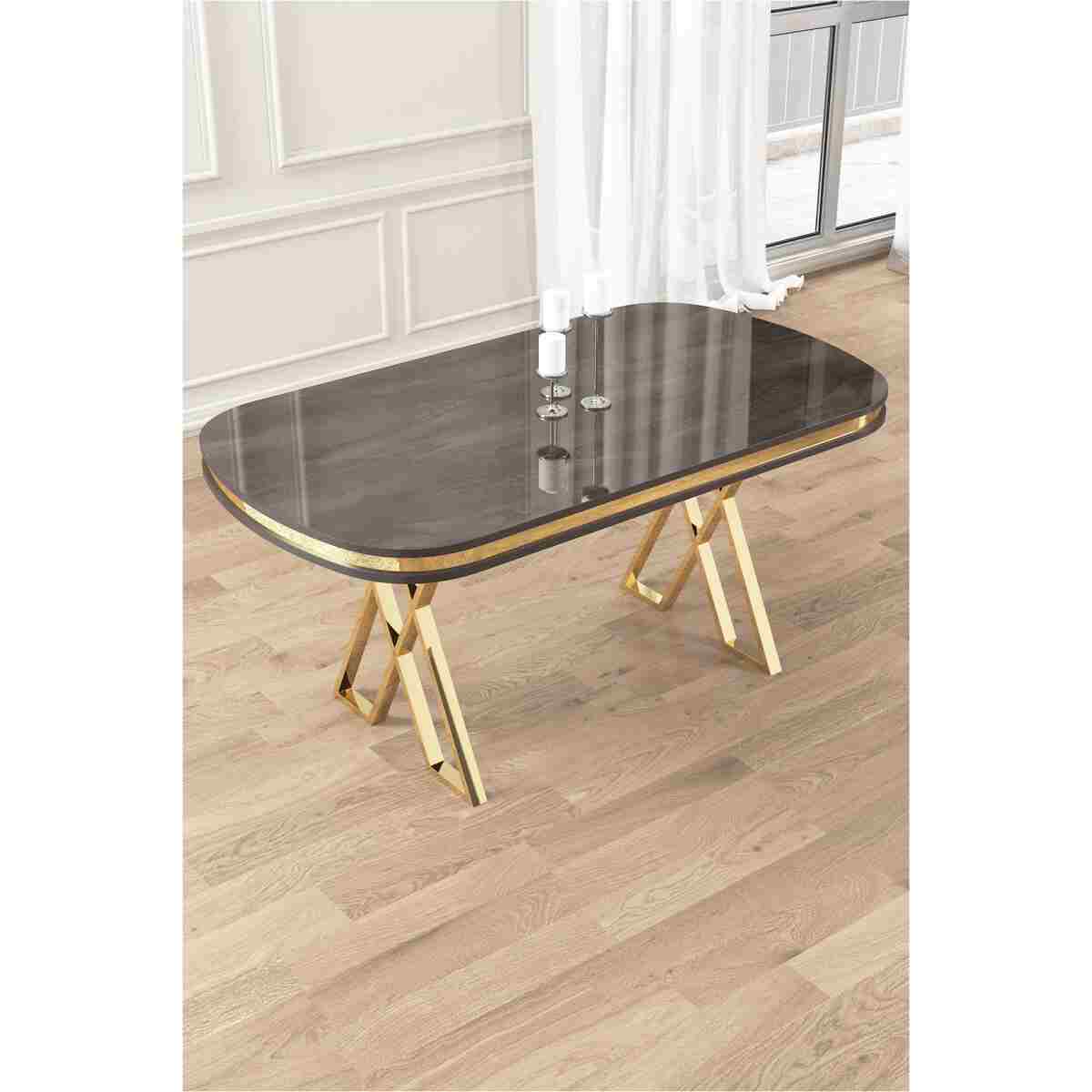 Canisa Zae Serisi 90x168 Lak Panel Antrasit Ironi Gold Ayak Masa Takımı 6 Gri Sandalye - Görsel 2