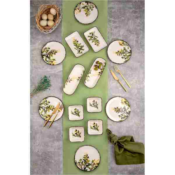 CERATALE Handmade 14 Parça Lüx 6 Kişilik Zeytin Kahvaltı Seti Olive - Lüx Kahvaltılık Sunum Seti Tabağı