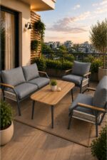 UFUK HOME Daisy Cappuccino Bej Makrome Örgülü 2+1+1 Masalı Bej Bahçe & Balkon Takımı - Görsel 6