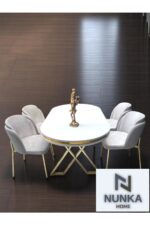 NUNKA HOME Arya Gold Line Krem Serisi +6 Sandalyeli Mdf Lak Panel Beyaz Masa Takımı - Görsel 4