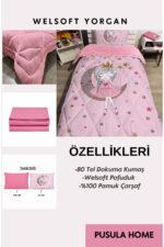 yok yok evim eve dair her şey Welsoft Pofuduk Çift Taraflı PEMBE AYDA OTURAN KIZ Desenli Tek Kişilik Yorgan Uyku Seti - Görsel 5
