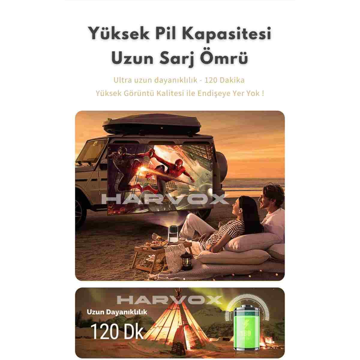 HARVOX K2 Bataryalı Projeksiyon Cihazı Taşınabilir 4K Destekli 1080P Android Sistemli Projektör - Görsel 4
