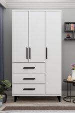 Metalia GM 303-A ECE 3 KAPI 3 ÇEKMECELİ AYAKLI SİYAH KULPLU GARDIROP