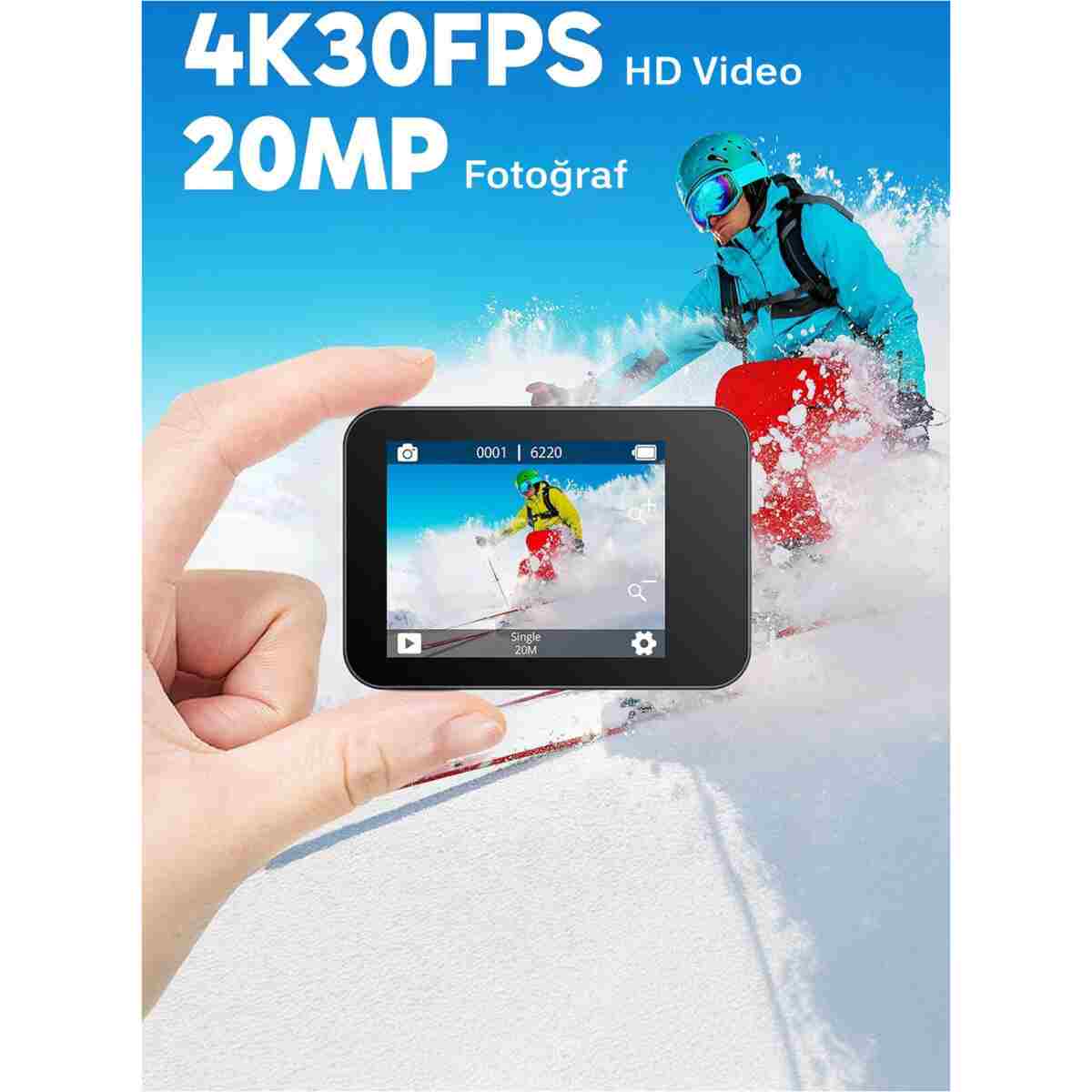 AKASO V50X 4K/30FPS 20MP Wi-Fi Aksiyon Kamera ve Aksesuar Seti, Su Geçirmez Kılıf, App Kontrollü - Görsel 9