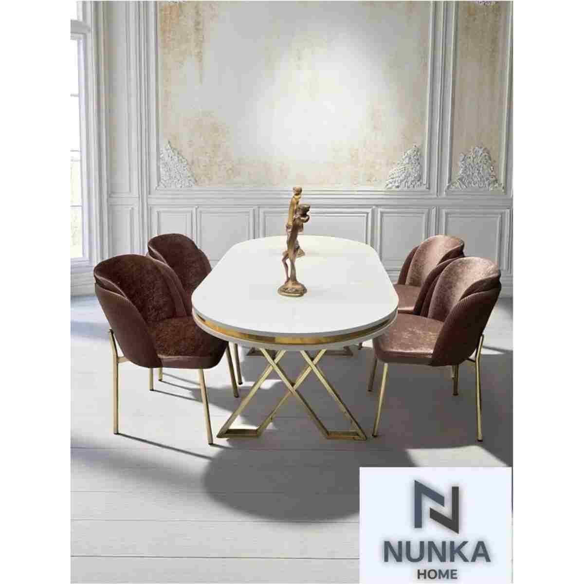 NUNKA HOME Arya Gold Line Serisi Krem +4 Sandalyeli Mdf Lak Panel Beyaz Masa Takımı - Görsel 4