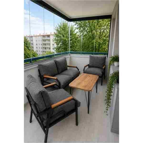 Dekoport Kutay Balkon Takımı, Bahçe Takımı, Çay Seti Koltuk Takımı, Metal Kanepe 2-1-1 50x80 Masalı Gri