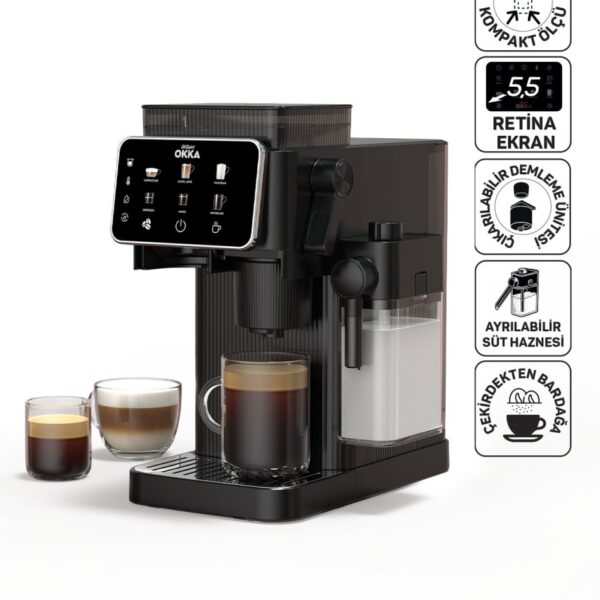 Arzum OK0047 Okka Barista Compact Otomatik Espresso Makinesi,Süt Hazneli,7 Farklı İçecek,15Bar Basınç,Krom