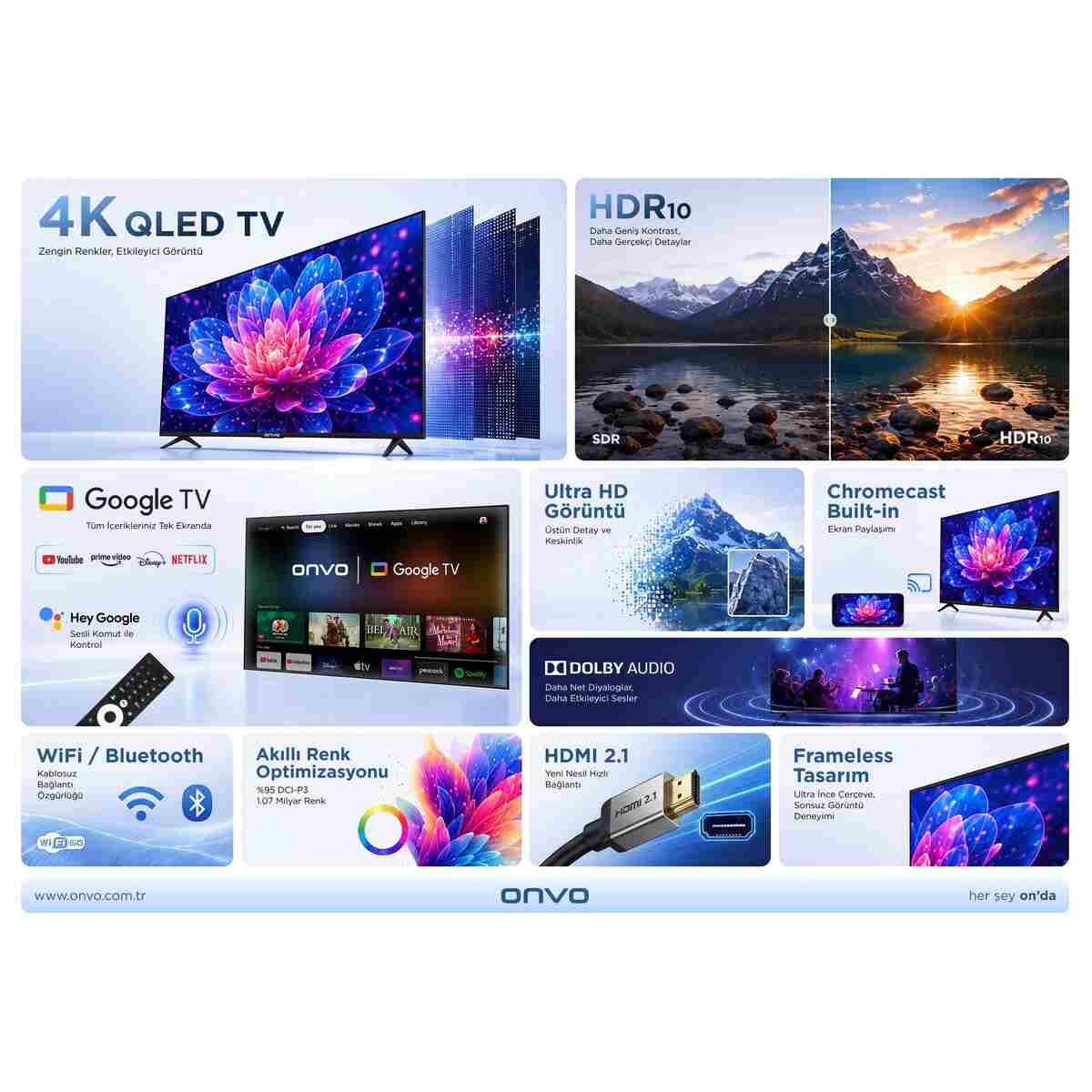 ONVO 75VQ90F2UA1 75'' 190 Ekran Uydu Alıcılı 4K Ultra HD Google Smart QLED TV - Görsel 8