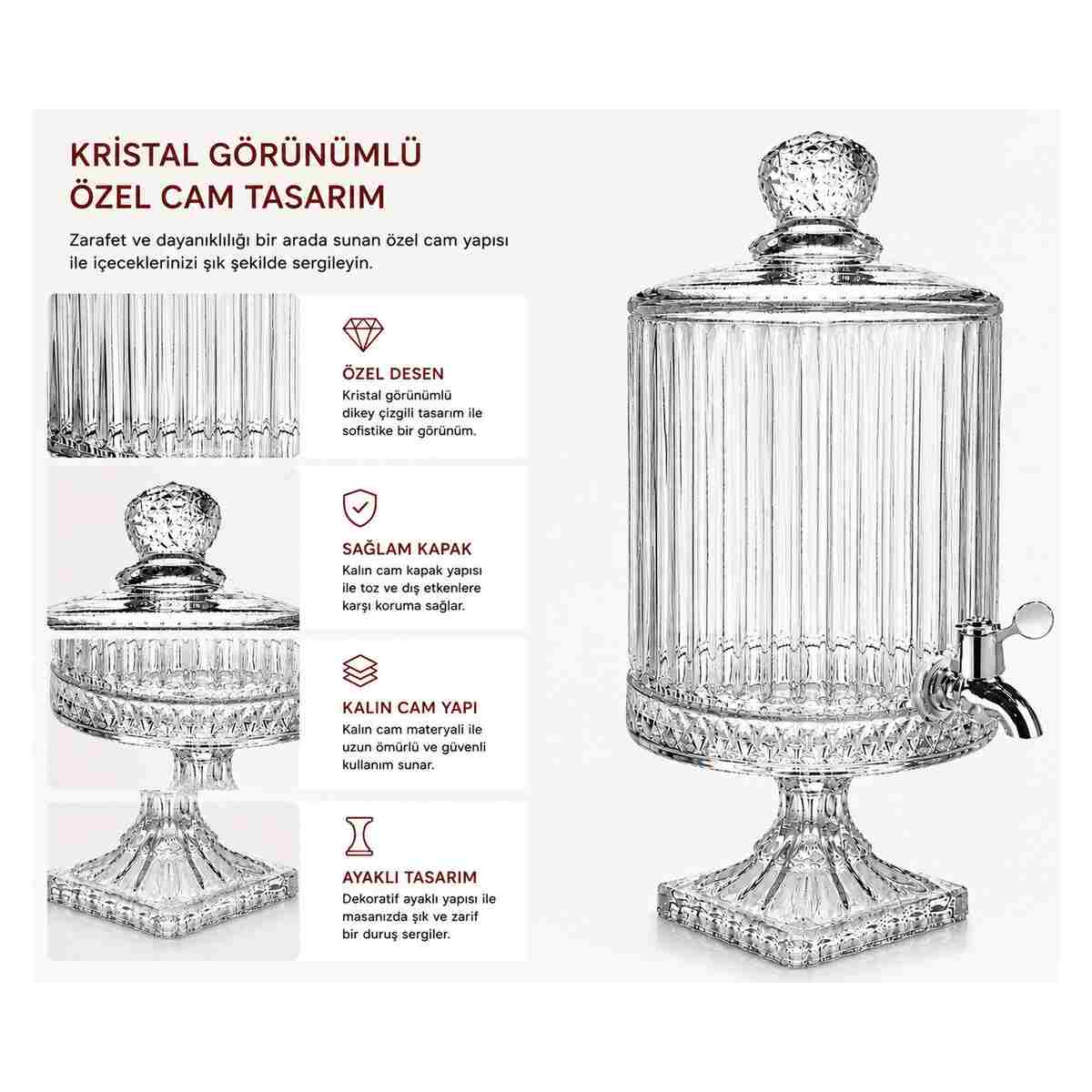Kosova 4,5 LT Kristal Desenli Lüx Cam Sebil – Musluklu Ayaklı Limonata & İçecek Dispenseri - Görsel 14