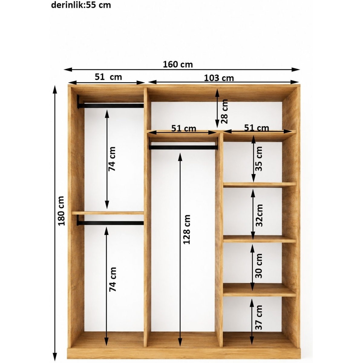 Metalia Gm 644 Sline 3 Kapılı Sürgülü Askılıklı Raflı Atlantik Çam Antrasit Gri Gardırop - Görsel 4