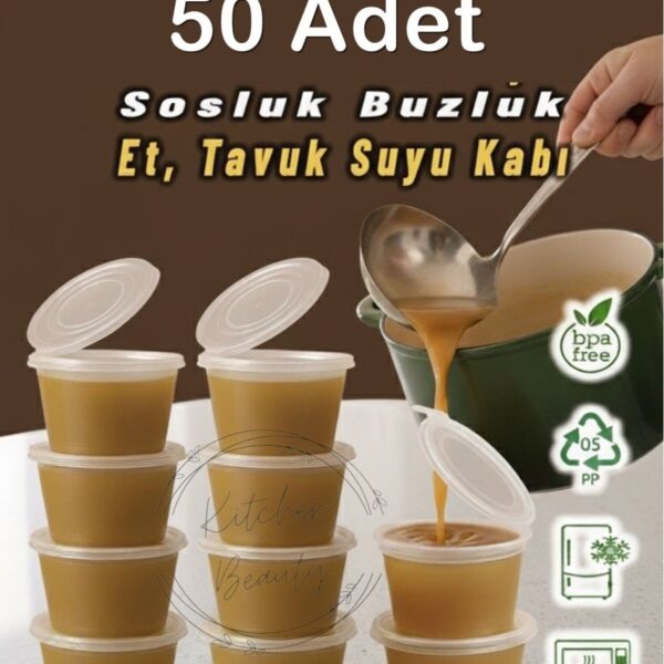 Kitchen Beauty 50 Adet Sızdırmaz 120 ml Mini Saklama Kabı Sosluk Buzluk Kabı, Et Suyu, Kemik Suyu, Sos Kabı Mutfak