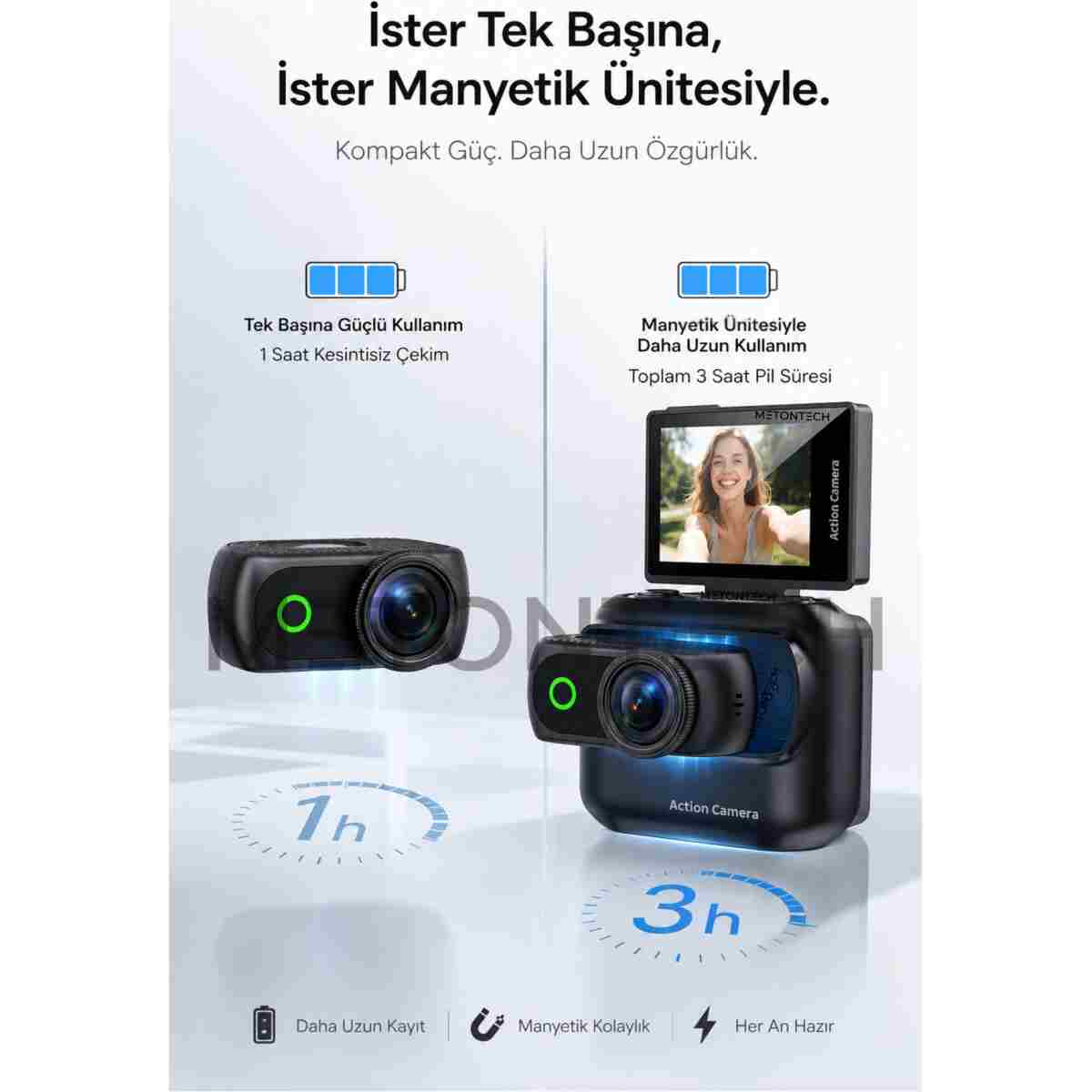METONTECH mini 4K Aksiyon Kamerası Wi-Fi | VLOG, Açılabilir Selfie Ekranı | Manyetik Şarj Kutusu, Siyah - Görsel 3