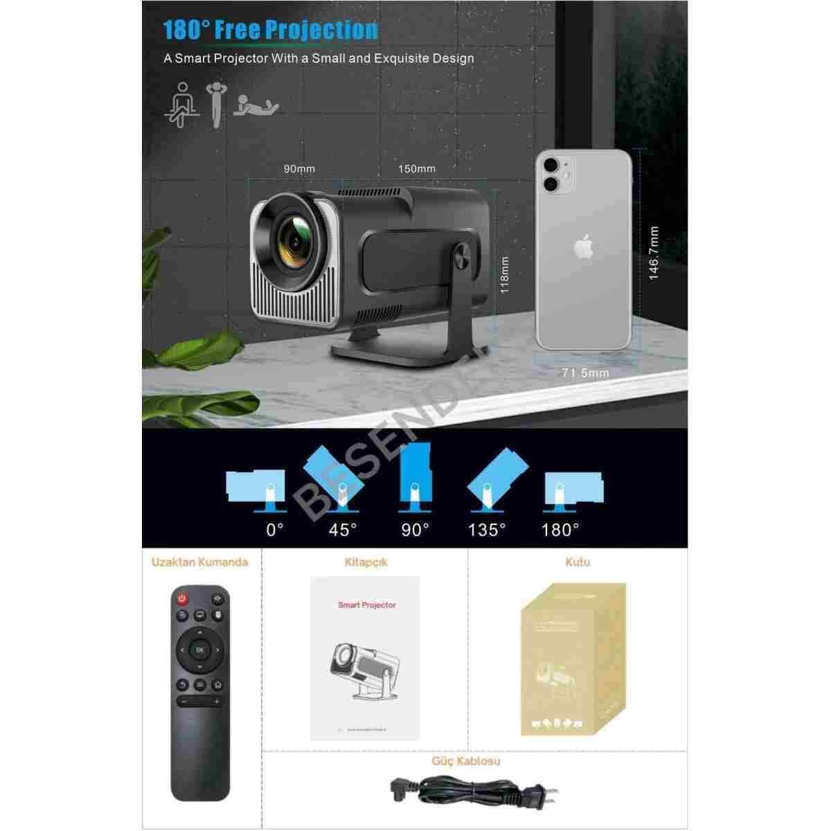 Besenders HY320 MİNİ PROMAX YeniVersiyon Taşınabilir Projeksiyon Android Wifi BT AkıllıSinemaProjektör - Görsel 8