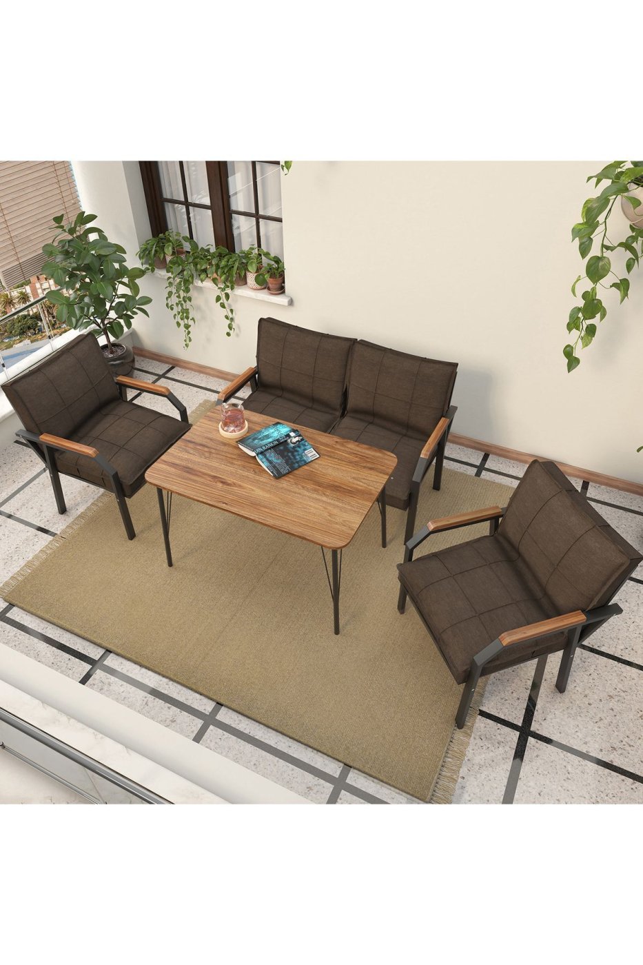 74f21e8ac99b425faa088e68bdbe4a09 Mygusi Hayal Balkon, Bahçe, Cafe, Metal Kanepe Koltuk Takımı , Bahçe Mobilyası, 60x90 Masalı - 211 Kahve - Görsel 1