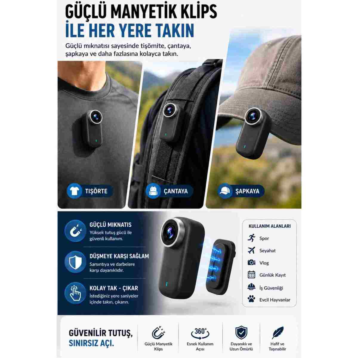 Omaze 4K UHD Mini Aksiyon Kamerası WiFi Bağlantılı Manyetik Klipsli Giyilebilir Body Cam Spor ve Vlog Kamerası - Görsel 13