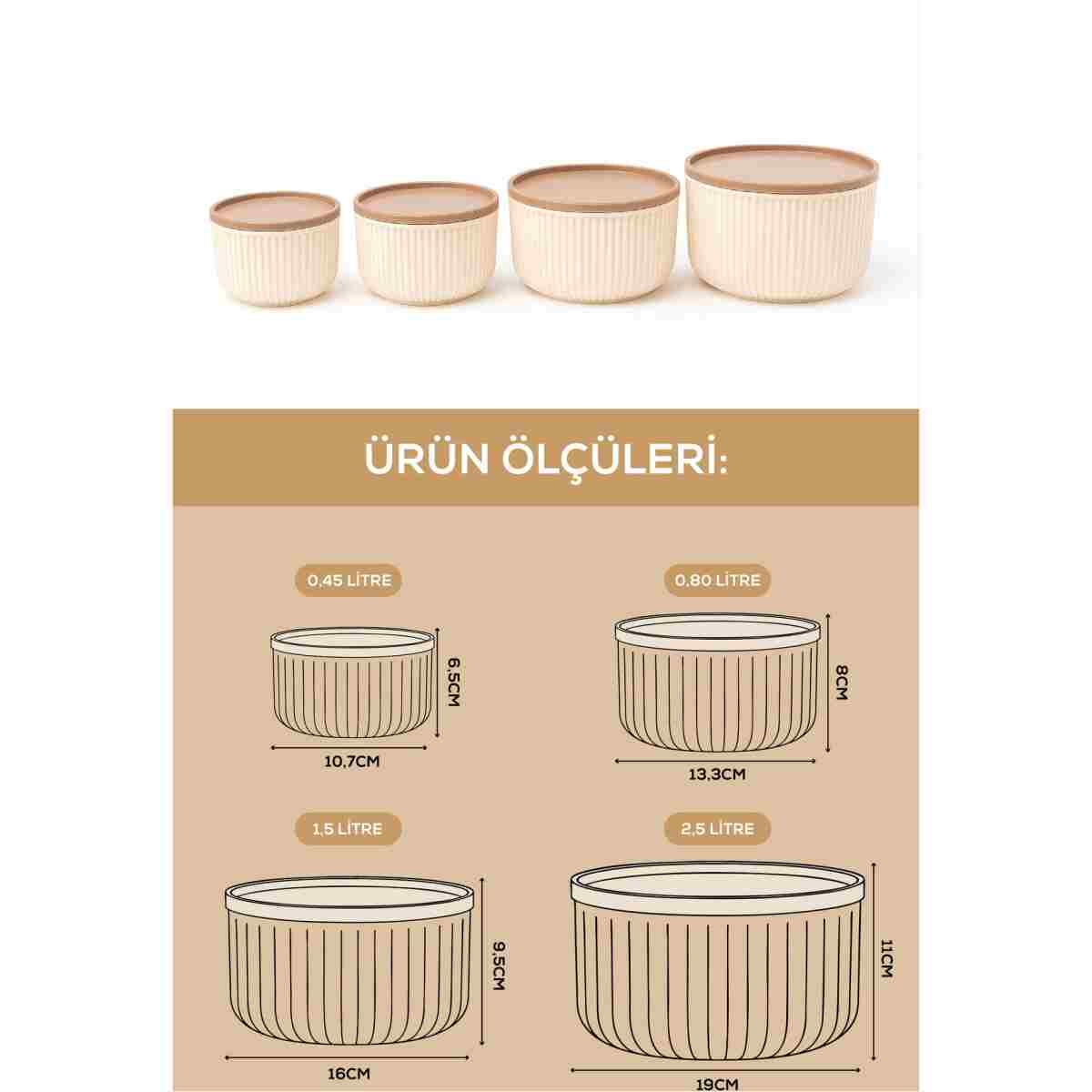 Vienev 4'lü Yuvarlak Saklama Kabı Seti Çizgili Bej | 2.5l 1.5l 0.80l 0.45l | Mikrodalga Ve Dondurucu Uyumlu - Görsel 11