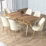 Canisa Prah Serisi 90x160 Lak Panel Hazar Gold Ayak Masa Takımı 6 Krem Sandalye