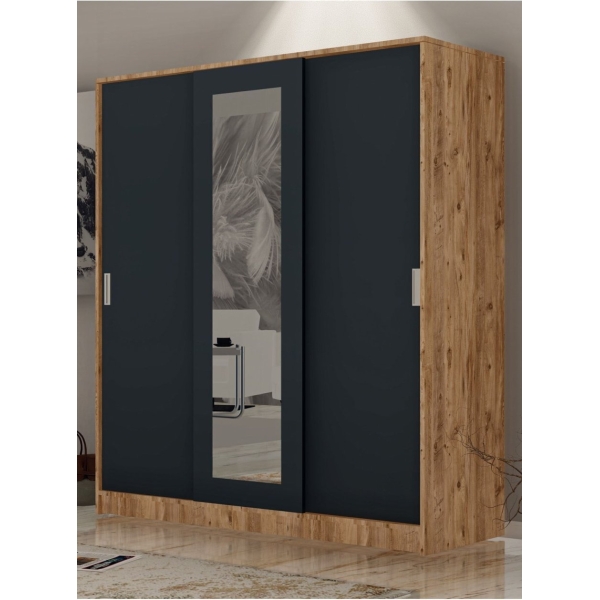 Metalia Gm 644 Sline 3 Kapılı Sürgülü Askılıklı Raflı Atlantik Çam Antrasit Gri Gardırop