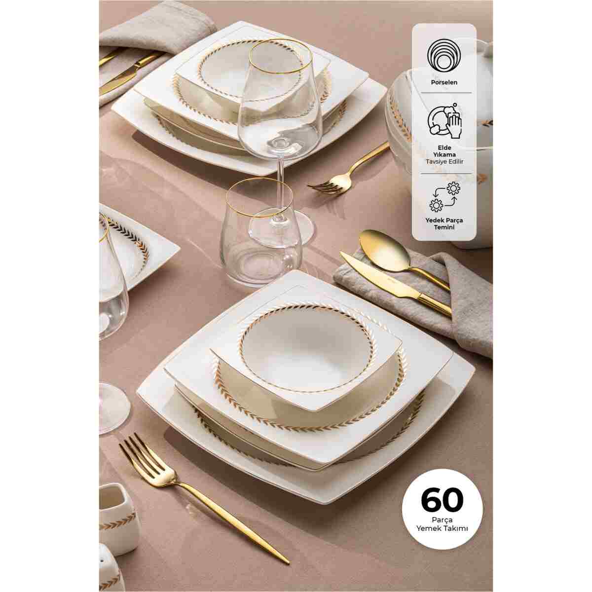 Emsan Fine Bone Başak 60 Parça 12 Kişilik Kare Yemek Takımı Gold - Görsel 13