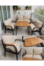 Dekoport Kutay Balkon Takımı, Bahçe Takımı, Çay Seti Koltuk Takımı, Metal Kanepe 2-1-1 50x80 Masalı Krem - Görsel 2