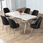 Canisa Prah Serisi 90x160 Lak Panel Beyaz Mermer Desen Krom Ayak Masa Takımı 6 Siyah Sandalye