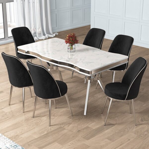 Canisa Prah Serisi 90x160 Lak Panel Beyaz Mermer Desen Krom Ayak Masa Takımı 6 Siyah Sandalye