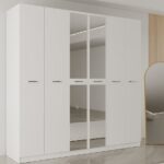 AEKA AE-2191 Hisar Beyaz/Beyaz Aynalı 6 Kapaklı Çok Bölmeli Askılı ve Raflı Geniş Hacimli Gardırop 210x210 cm