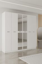 AEKA AE-2191 Hisar Beyaz/Beyaz Aynalı 6 Kapaklı Çok Bölmeli Askılı ve Raflı Geniş Hacimli Gardırop 210x210 cm