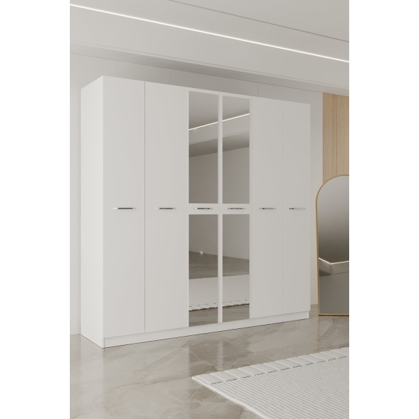 AEKA AE-2191 Hisar Beyaz/Beyaz Aynalı 6 Kapaklı Çok Bölmeli Askılı ve Raflı Geniş Hacimli Gardırop 210x210 cm