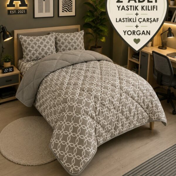 Violacasa Tek Kişilik Welsoft Pufidik Uyku Seti (Lastikli Çarşaflı) Gri Zincir