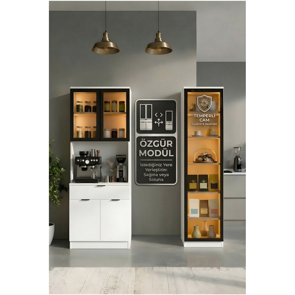 Misterium Dream Premium Kahve İstasyonu - Kahve Köşesi ve Mutfak Ünitesi - Beyaz Füme Temperli Camlı LED Modül - Görsel 6