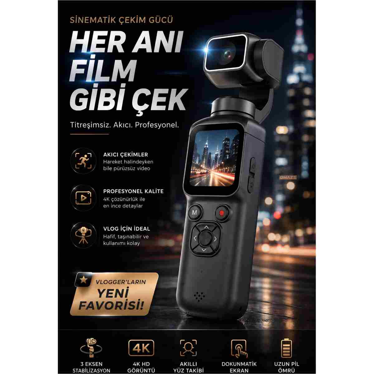 Omaze 4K Ultra Hd Profesyonel Aksiyon Kamerası Gimbal 360 Dönüş Dokunmatik Ekran Profesyonel Vlog Çekim - Görsel 2