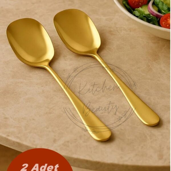 Kitchen Beauty Pratik 2 ADET Paslanmaz Gold Çelik Lüx Servis Salata Kaşığı Spatula Çelik Yemek Servis Kaşığı 21cm