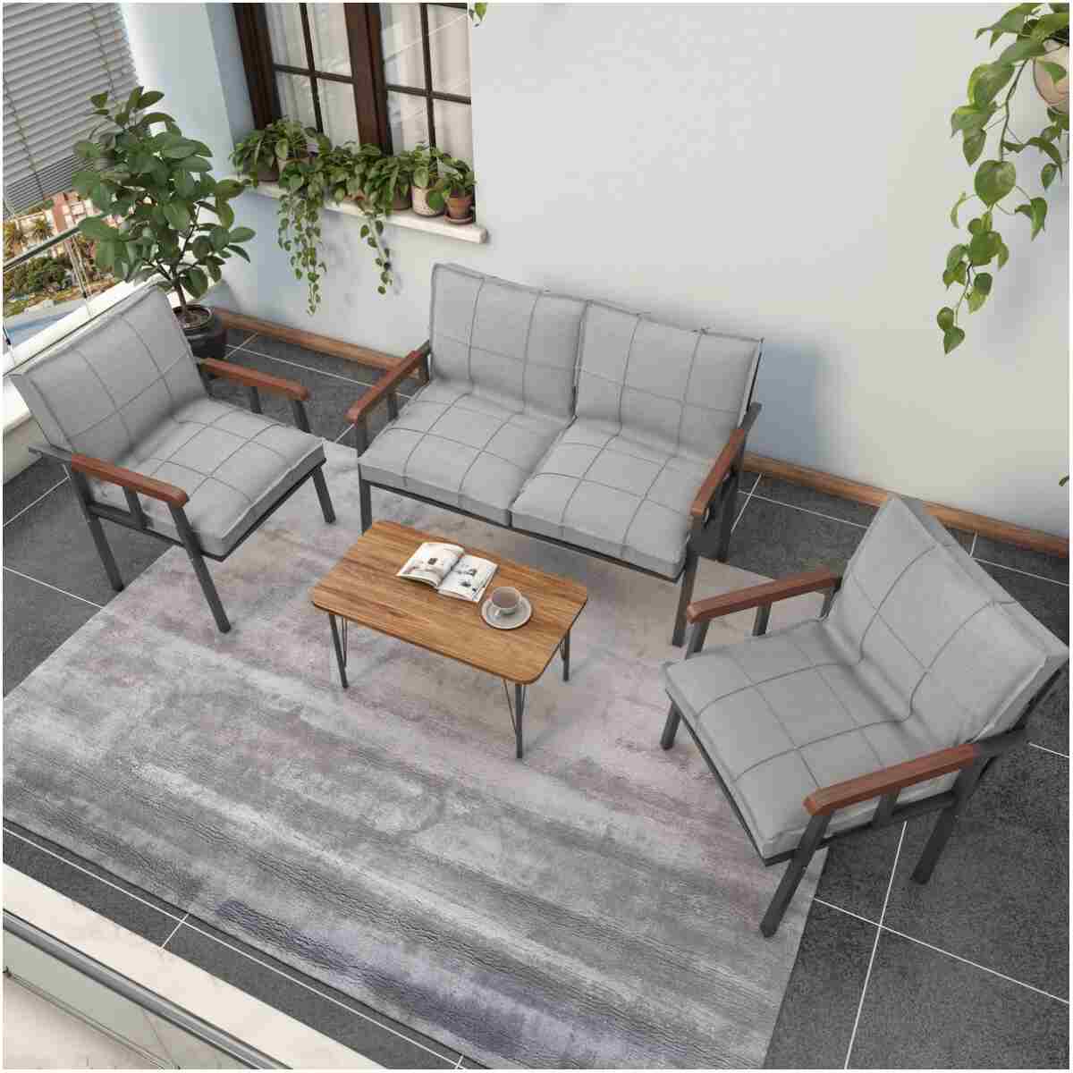 Mygusi " Modern'' Serisi Balkon, Bahçe, Cafe - Metal Kanepe Koltuk Takımı - 2 1 1 Sehpa Hediyeli - Açık Gri - Görsel 3