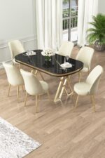 Canisa Lai Serisi 90x168 Lak Panel Sonata Gold Ayak Masa Takımı 6 Siyah Sandalye - Görsel 5